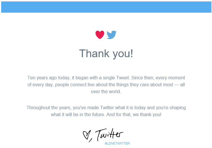 #LoveTwitter! Twitter envia a seus usuários mensagem de celebração de 10 anos de existência