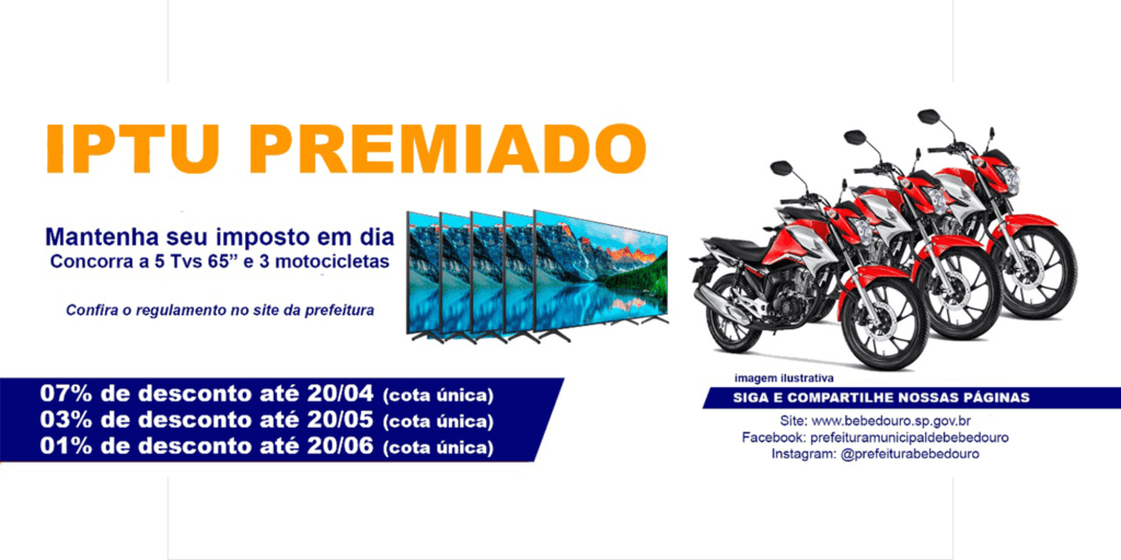 IPTU Premiado irá sortear cinco TVs e três motos 0km em Bebedouro