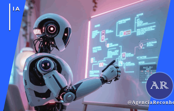 Robô humanoide futurista de design avançado interagindo com uma lousa digital luminosa que exibe fluxogramas e dados de planejamento estratégico de inteligência artificial em um escritório moderno com iluminação neon.