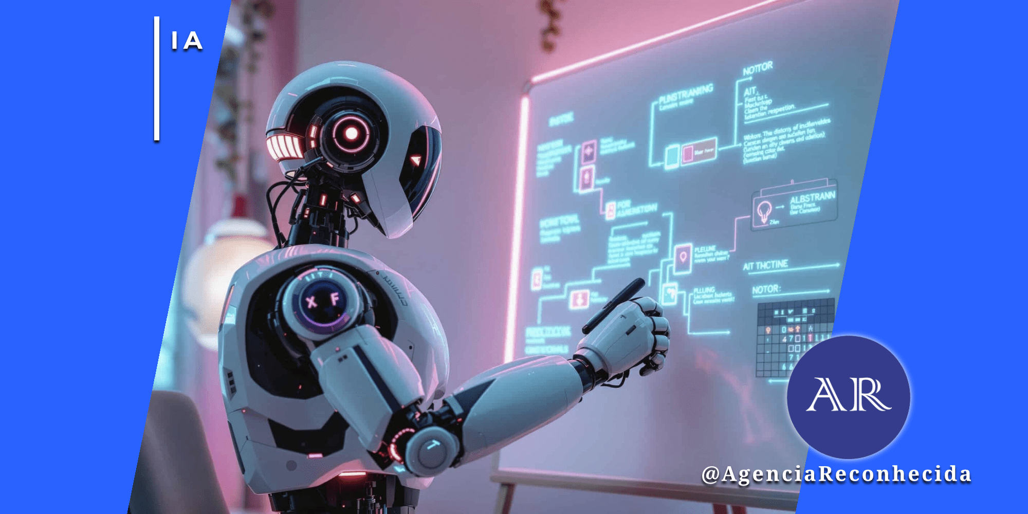 Robô humanoide futurista de design avançado interagindo com uma lousa digital luminosa que exibe fluxogramas e dados de planejamento estratégico de inteligência artificial em um escritório moderno com iluminação neon.