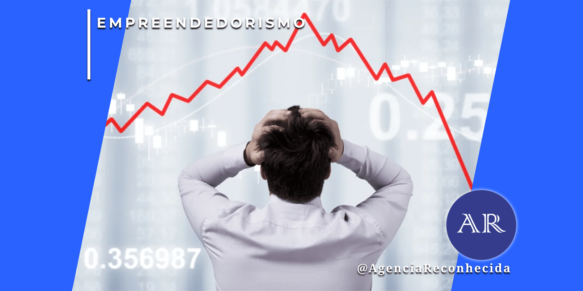 Homem de costas com as mãos na cabeça em sinal de desespero diante de um gráfico de linhas vermelhas em queda acentuada, ilustrando os riscos e desafios financeiros na expansão de empresas.