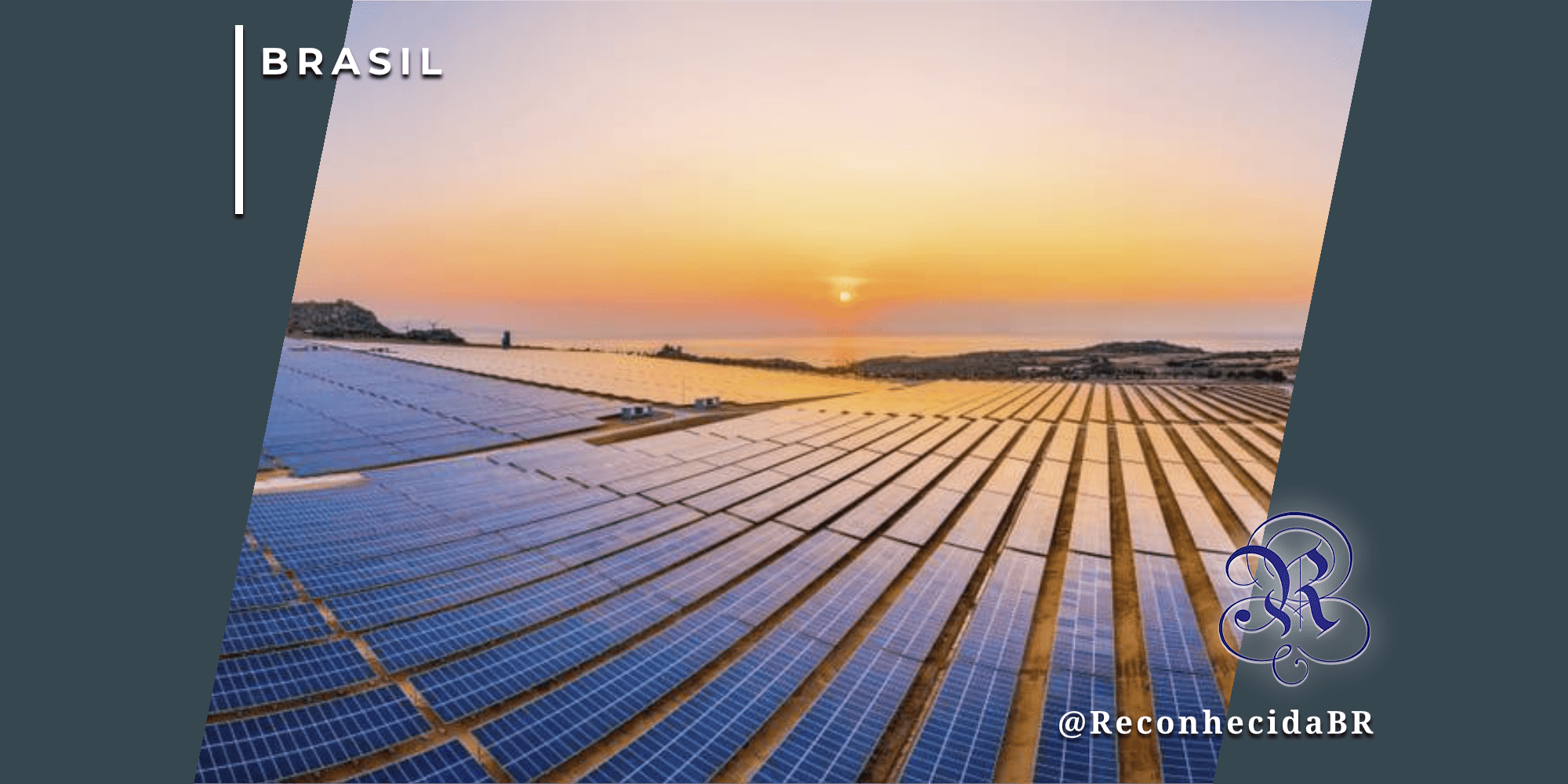 Vista aérea de uma grande usina de energia solar fotovoltaica no Brasil durante o pôr do sol, exibindo fileiras extensas de painéis solares que simbolizam a marca de 20 GW de capacidade instalada no país.
