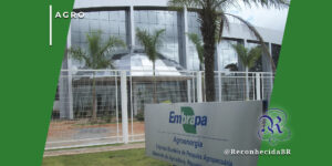 Fachada moderna do prédio da Embrapa Agroenergia (Empresa Brasileira de Pesquisa Agropecuária) sob um céu parcialmente nublado, com palmeiras e jardins à frente. Em primeiro plano, uma placa cinza exibe o logotipo da Embrapa e o Ministério da Agricultura e Pecuária. No canto superior esquerdo, o selo 'AGRO' e, no inferior direito, o logotipo do portal Reconhecida com o @ReconhecidaBR.