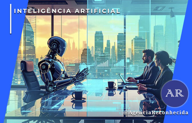Um robô humanoide metálico sentado à cabeceira de uma mesa de reunião moderna, interagindo com um homem e uma mulher de negócios que utilizam notebooks. Através da grande janela de vidro, vê-se o skyline de uma metrópole ao pôr do sol. Sobre a mesa, há projeções holográficas de dados. No canto superior esquerdo, o selo 'INTELIGÊNCIA ARTIFICIAL' e, no inferior direito, o logotipo AR da Agência Reconhecida com o @AgenciaReconhecida.