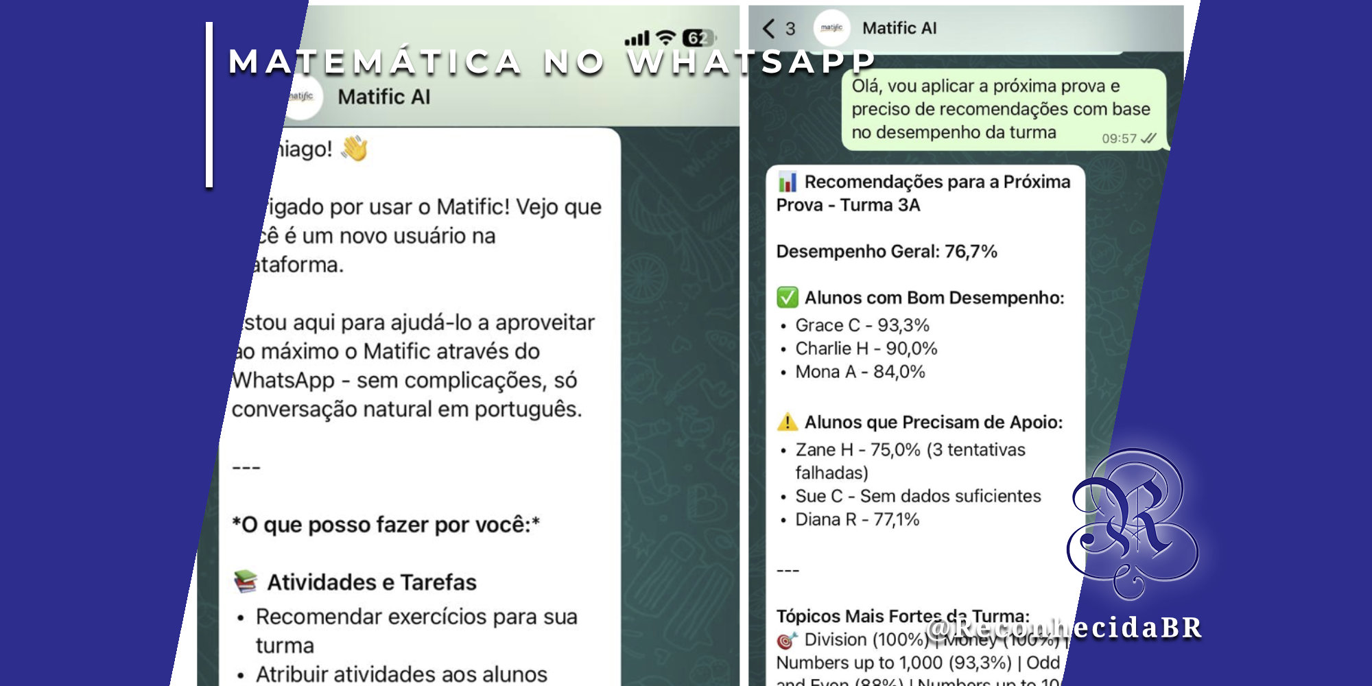 Montagem de duas telas de smartphone exibindo uma conversa no WhatsApp com a IA 'Matific AI'. A tela da esquerda mostra uma mensagem de boas-vindas em português e a lista de funcionalidades, como recomendar exercícios e atribuir atividades. A tela da direita detalha recomendações para uma prova da 'Turma 3A', com desempenho geral de 76,7% e listas de alunos com bom desempenho e alunos que precisam de apoio. No topo, o selo 'MATEMÁTICA NO WHATSAPP' e, no inferior direito, o logotipo do portal Reconhecida com o @ReconhecidaBR.