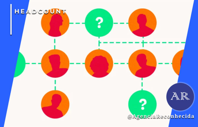 Ilustração plana de um organograma corporativo com ícones de silhuetas humanas em círculos laranja conectados por linhas pontilhadas verdes. Dois círculos verdes exibem pontos de interrogação brancos, simbolizando dúvidas na contratação. No canto superior esquerdo, o selo 'HEADCOUNT' em branco e, no inferior direito, o logotipo da Agência Reconhecida com o @AgenciaReconhecida.