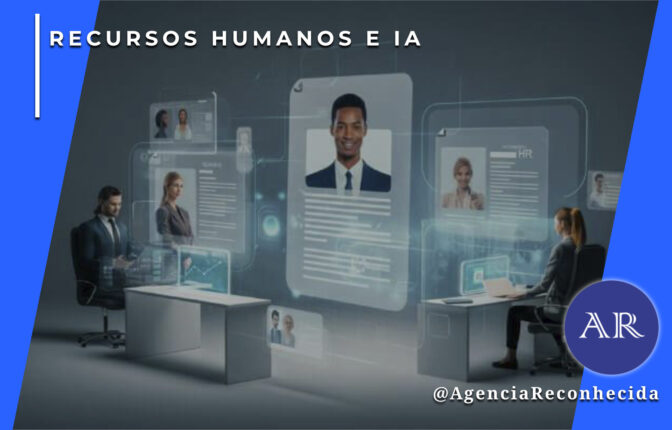 Ilustração de um escritório moderno onde dois profissionais de RH, um homem e uma mulher, operam interfaces digitais holográficas. Painéis flutuantes exibem perfis de candidatos com fotos e currículos, destacando um homem negro de terno ao centro. No canto superior esquerdo, o selo 'RECURSOS HUMANOS E IA' em fundo azul e, no inferior direito, o logotipo da Agência Reconhecida com o @AgenciaReconhecida.