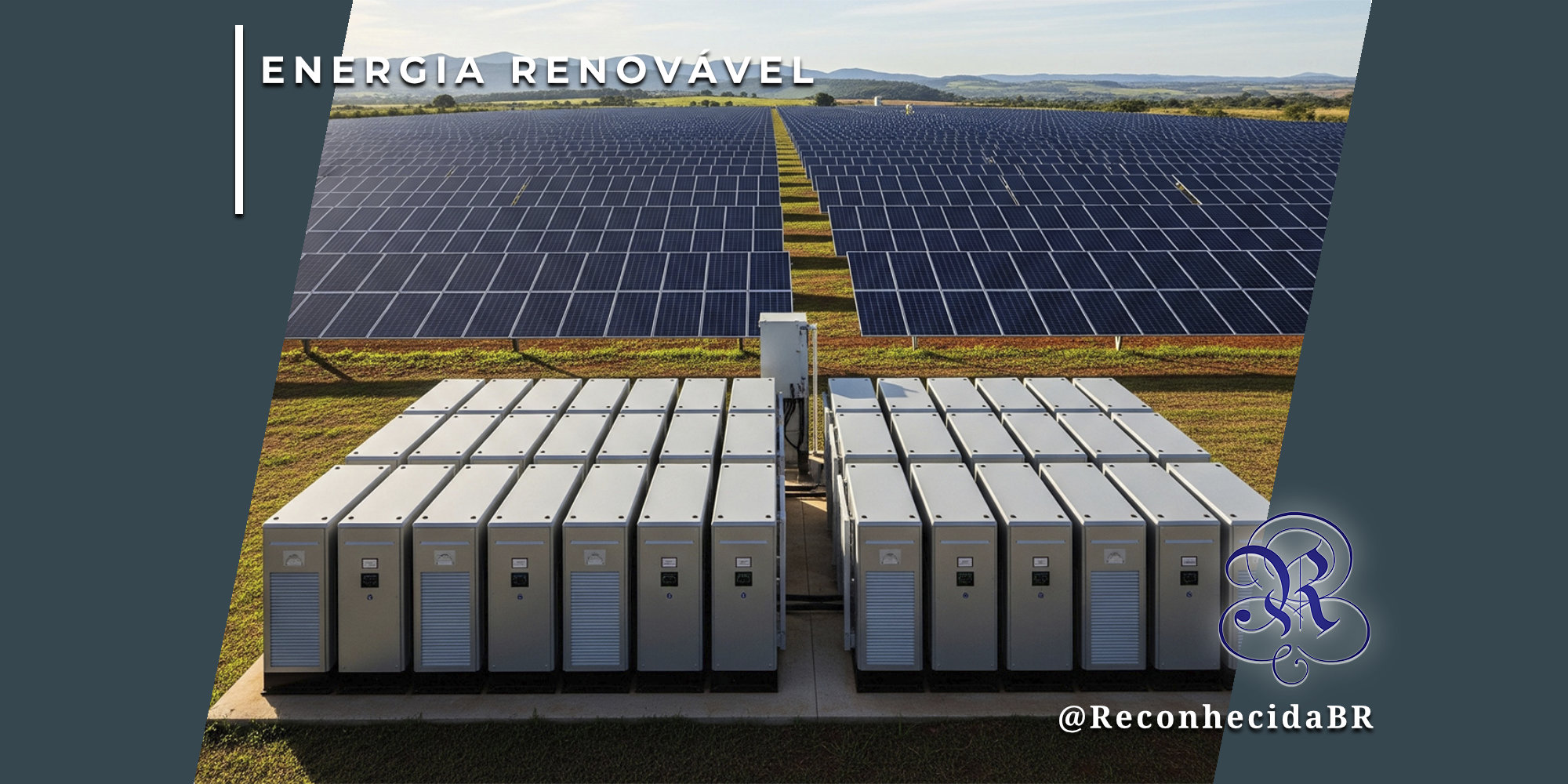 Vista de uma usina solar com extensas fileiras de painéis fotovoltaicos ao fundo. Em primeiro plano, dois conjuntos de grandes baterias industriais cinzas estão instalados sobre uma base de concreto. No canto superior esquerdo, o selo 'ENERGIA RENOVÁVEL' sobre fundo azul; no inferior direito, o logotipo do portal Reconhecida com o @ReconhecidaBR.