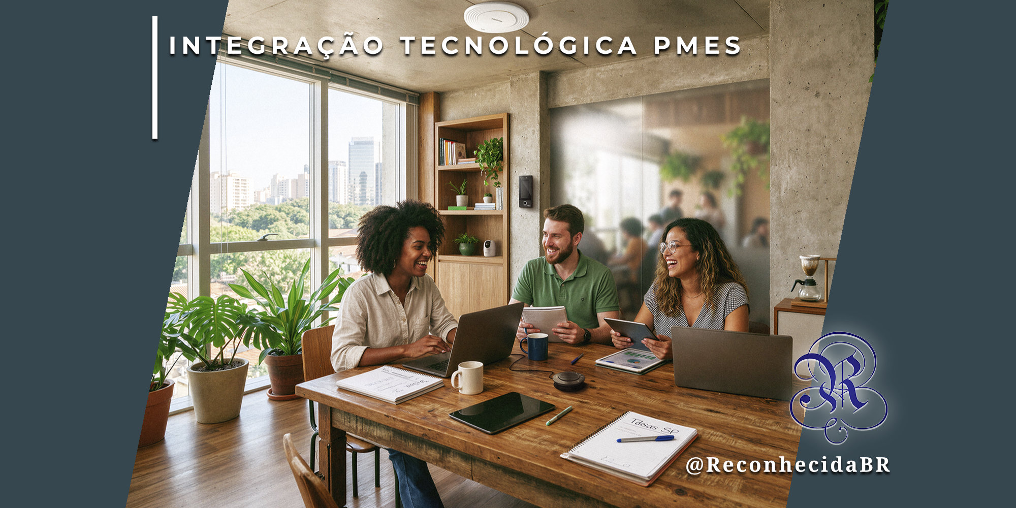 Três profissionais jovens (duas mulheres e um homem) sorriem e colaboram ao redor de uma mesa de madeira em um escritório moderno com grandes janelas e vista urbana. Eles utilizam laptops, tablets e cadernos de anotação. No canto superior esquerdo, o selo 'INTEGRAÇÃO TECNOLÓGICA PMES' em branco e, no inferior direito, o logotipo do portal Reconhecida com o @ReconhecidaBR.