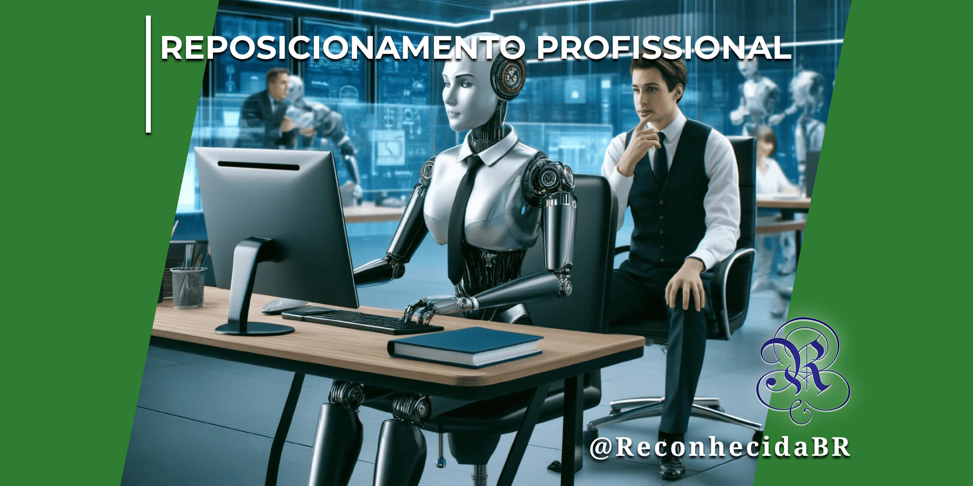Ilustração futurista de um escritório onde um robô humanoide prateado, vestindo camisa e gravata, opera um computador em uma mesa de madeira. Atrás dele, um jovem profissional humano observa a cena com expressão pensativa e a mão no queixo. No canto superior esquerdo, o selo 'REPOSICIONAMENTO PROFISSIONAL' em branco; no inferior direito, o logotipo do portal Reconhecida com o @ReconhecidaBR.