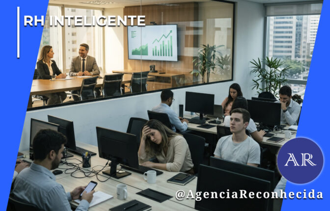 Visão de um escritório dividido por um vidro: na sala de reunião ao fundo, dois executivos conversam sorrindo diante de uma tela com gráficos de crescimento verde. Em primeiro plano, vários funcionários operam computadores em baias de trabalho, destacando uma mulher com a mão na testa em sinal de desengajamento ou cansaço. No canto superior esquerdo, o selo 'RH INTELIGENTE' em branco e, no inferior direito, o logotipo redondo AR com o @AgenciaReconhecida.