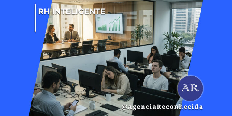 Visão de um escritório dividido por um vidro: na sala de reunião ao fundo, dois executivos conversam sorrindo diante de uma tela com gráficos de crescimento verde. Em primeiro plano, vários funcionários operam computadores em baias de trabalho, destacando uma mulher com a mão na testa em sinal de desengajamento ou cansaço. No canto superior esquerdo, o selo 'RH INTELIGENTE' em branco e, no inferior direito, o logotipo redondo AR com o @AgenciaReconhecida.