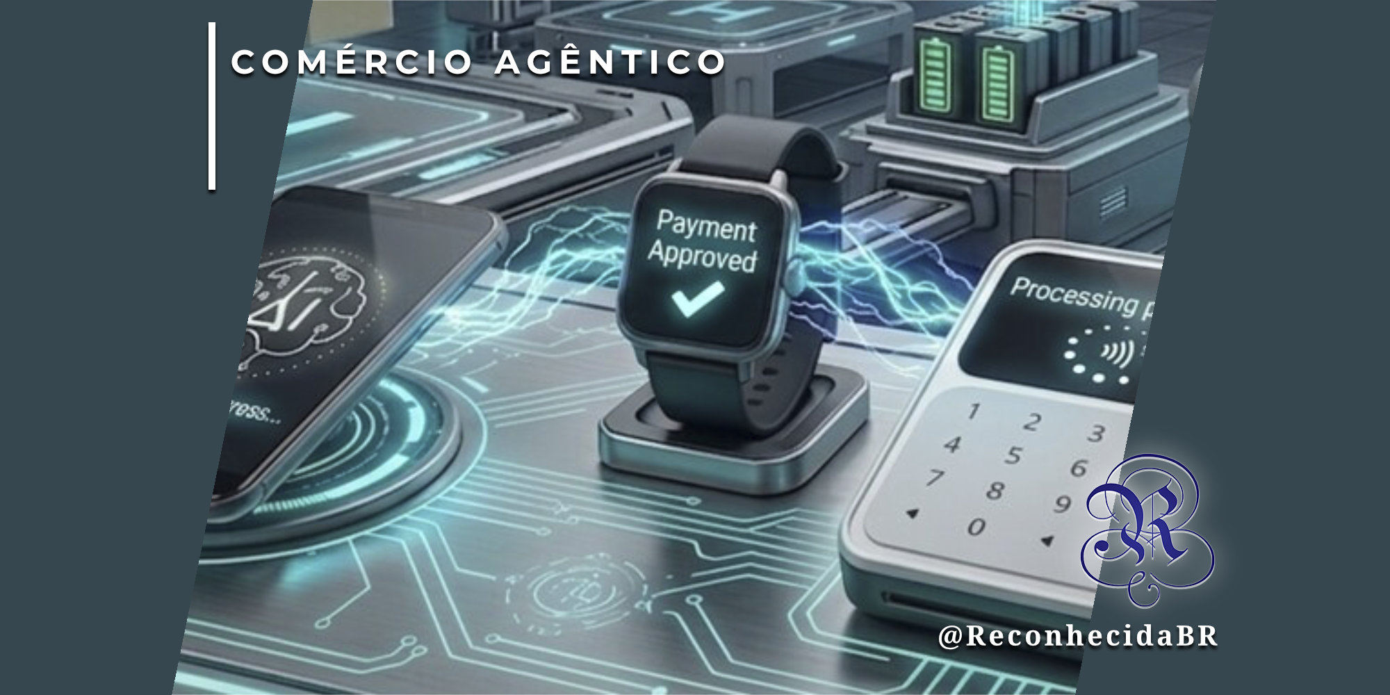 Ilustração futurista de um ecossistema de pagamentos digitais em uma superfície de circuito integrado. Ao centro, um relógio inteligente exibe a mensagem 'Payment Approved' com um check verde, ladeado por um smartphone mostrando um ícone de cérebro de IA e um terminal de pagamento. Ondas de energia azul conectam os dispositivos. No topo esquerdo, o selo 'COMÉRCIO AGÊNTICO' em fundo branco e, no inferior direito, o logotipo do portal Reconhecida com o @ReconhecidaBR.