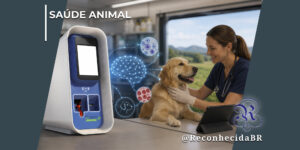 Equipamento laboratorial veterinário vertical e tecnológico em tons de branco e azul, com visor digital e compartimentos de análise, posicionado em uma mesa de atendimento. Ao centro, um holograma azul luminoso exibe a estrutura de um cérebro digital conectado a ilustrações circulares de células e glóbulos em microscópio. À direita, uma médica veterinária sorridente, vestindo esfoliante cirúrgico azul escuro e luvas brancas, examina o pescoço de um cão da raça Golden Retriever deitado na maca. No canto superior esquerdo, aparece o selo SAÚDE ANIMAL em letras brancas; no inferior direito, o logotipo do portal Reconhecida com o @ReconhecidaBR.
