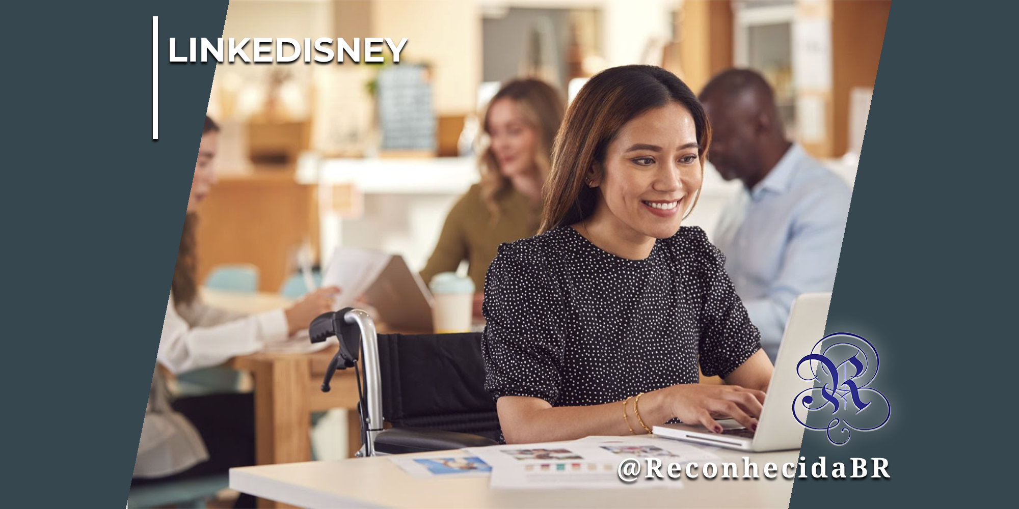 Mulher jovem sorridente, de cabelos escuros e vestindo blusa preta de poá, sentada em uma cadeira de rodas enquanto opera um notebook sobre uma mesa branca com relatórios impressos. Ao fundo, em um escritório compartilhado e levemente desfocado, aparecem outros profissionais trabalhando em suas mesas. No canto superior esquerdo, há o selo LINKEDISNEY em letras brancas; no inferior direito, o logotipo do portal Reconhecida com o @ReconhecidaBR.
