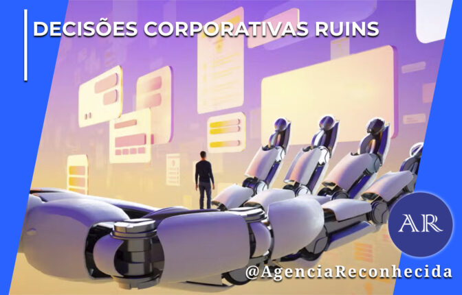 Uma gigantesca mão robótica cibernética e articulada em tons de branco e roxo estende-se aberta em primeiro plano. Na palma da mão robótica, um homem de costas observa uma grande parede flutuante com telas digitais e blocos de dados organizados como interfaces em um fundo lilás e dourado. No canto superior esquerdo, há o selo DECISÕES CORPORATIVAS RUINS em letras brancas; no canto inferior direito, destaca-se o logotipo redondo AR com o @AgenciaReconhecida.