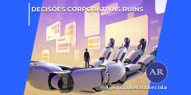 Uma gigantesca mão robótica cibernética e articulada em tons de branco e roxo estende-se aberta em primeiro plano. Na palma da mão robótica, um homem de costas observa uma grande parede flutuante com telas digitais e blocos de dados organizados como interfaces em um fundo lilás e dourado. No canto superior esquerdo, há o selo DECISÕES CORPORATIVAS RUINS em letras brancas; no canto inferior direito, destaca-se o logotipo redondo AR com o @AgenciaReconhecida.