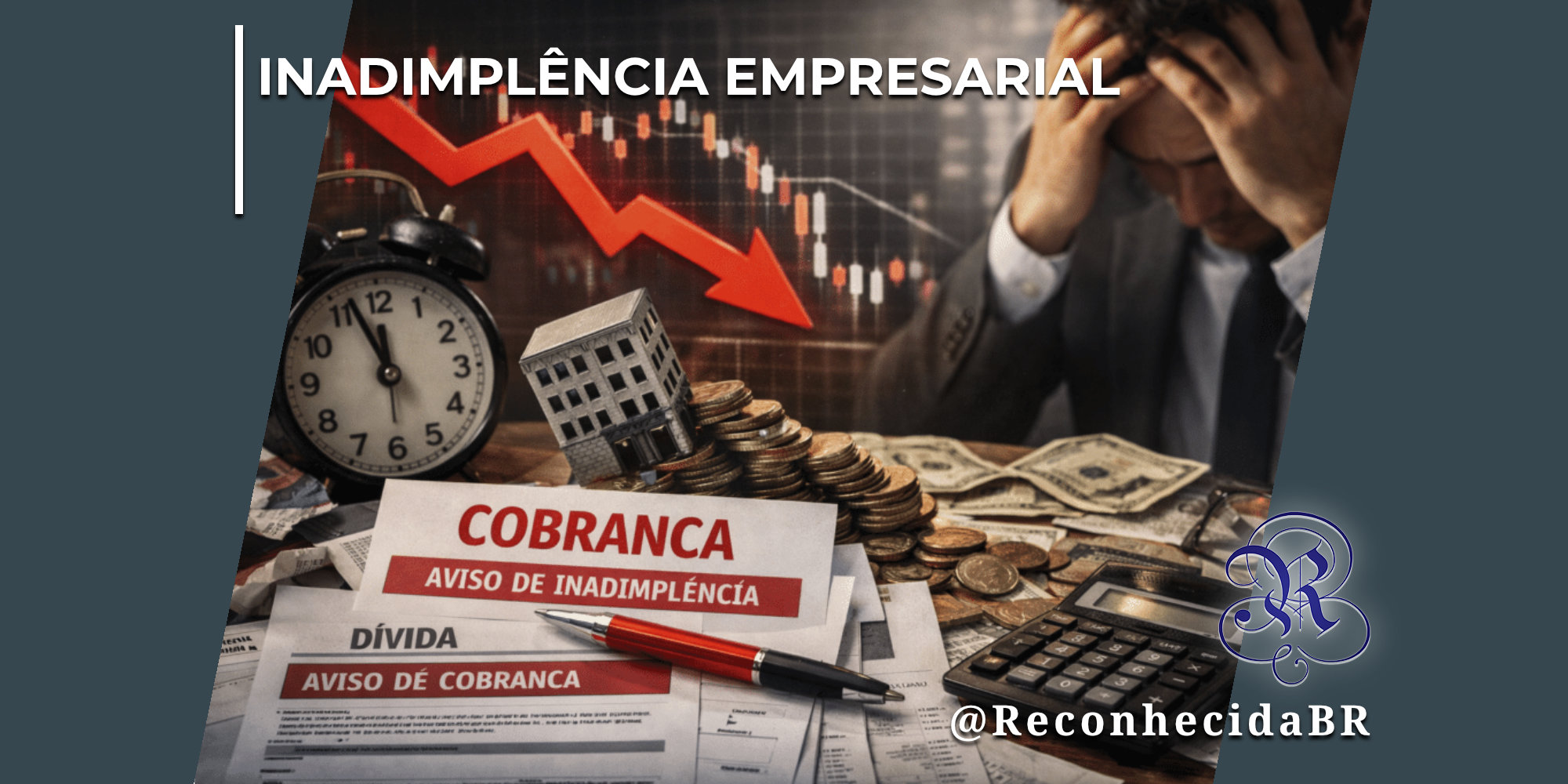 Homem engravatado com as mãos na cabeça expressando preocupação diante de um gráfico financeiro com setas vermelhas de queda. Em primeiro plano, sobre uma mesa cheia de moedas, cédulas de dinheiro e uma calculadora, aparecem folhas de papel com os títulos "COBRANÇA - AVISO DE INADIMPLÊNCIA" e "DÍVIDA - AVISO DE COBRANÇA" ao lado de uma caneta vermelha. No topo esquerdo, exibe o texto "Inadimplência Empresarial" e, no canto inferior direito, o logotipo do portal Reconhecida com o @ReconhecidaBR.