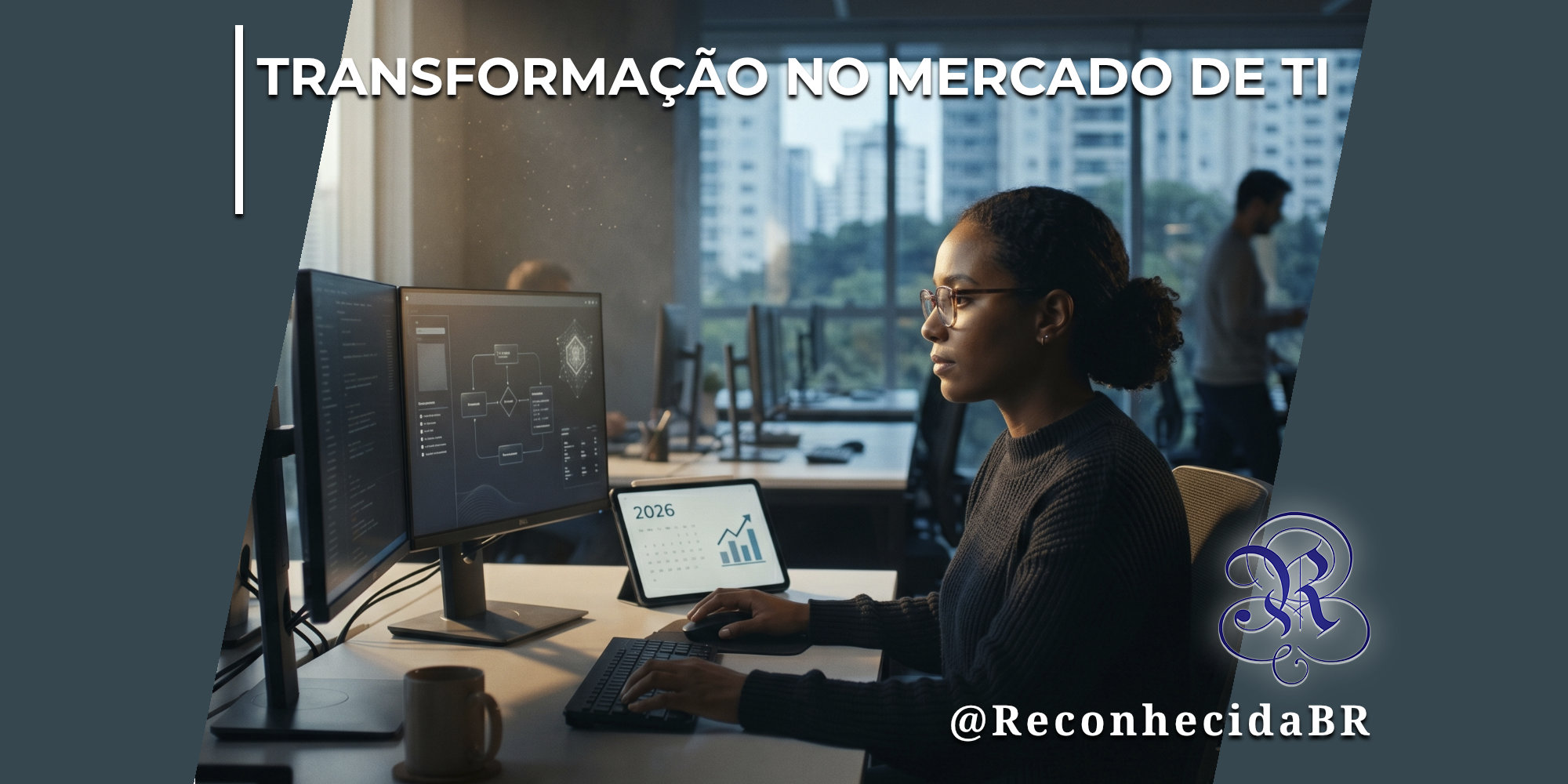 Mulher jovem negra de óculos e cabelos presos em um coque, vestindo blusa de tricô escura, sentada de perfil em um escritório de TI. Ela opera um computador com dois monitores que exibem linhas de código e fluxogramas analíticos. À frente dos monitores, um tablet apoiado na mesa exibe um calendário com o ano de 2026 e um gráfico de crescimento com uma linha ascendente. Ao fundo, através de uma grande janela de vidro, observa-se a fachada de prédios urbanos e outro profissional em pé. No canto superior esquerdo, lê-se o selo TRANSFORMAÇÃO NO MERCADO DE TI em letras brancas; no inferior direito, o logotipo do portal Reconhecida com o @ReconhecidaBR.