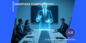 Cinco executivos, homens e mulheres vestindo trajes formais, estão sentados ao redor de uma mesa de reuniões branca em uma sala de conferências escura. Eles observam atentamente o holograma azul luminoso e translúcido de um homem de terno e gravata que gesticula na cabeceira da mesa, simulando uma projeção digital. Ao fundo, há uma tela de TV preta fixada na parede. No canto superior esquerdo, aparece o selo DEEPFAKE CORPORATIVO em letras brancas; no canto inferior direito, destaca-se o logotipo redondo AR com o @AgenciaReconhecida.