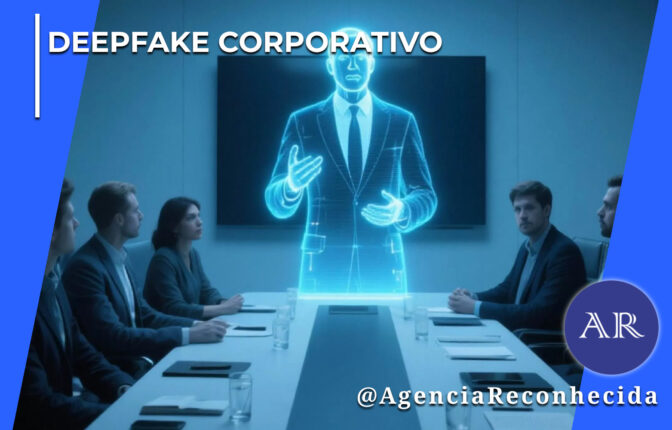 Cinco executivos, homens e mulheres vestindo trajes formais, estão sentados ao redor de uma mesa de reuniões branca em uma sala de conferências escura. Eles observam atentamente o holograma azul luminoso e translúcido de um homem de terno e gravata que gesticula na cabeceira da mesa, simulando uma projeção digital. Ao fundo, há uma tela de TV preta fixada na parede. No canto superior esquerdo, aparece o selo DEEPFAKE CORPORATIVO em letras brancas; no canto inferior direito, destaca-se o logotipo redondo AR com o @AgenciaReconhecida.