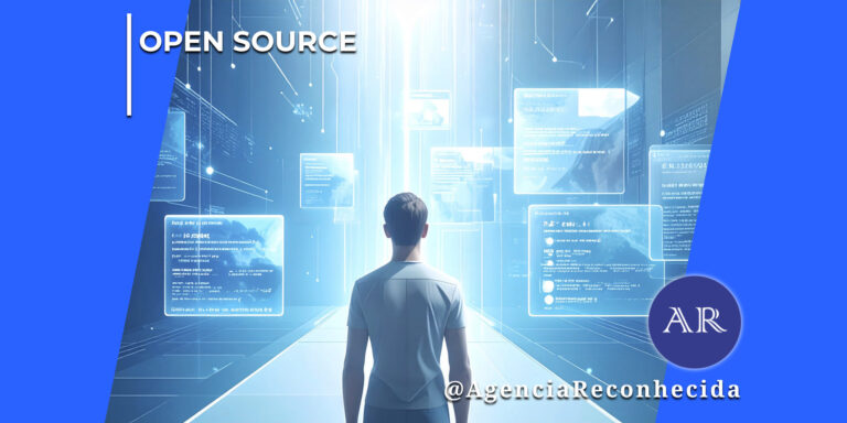 Uma pessoa vista de costas observa telas holográficas flutuantes em um ambiente digital azul luminoso, representando um fluxo de dados e códigos. No topo esquerdo, destaca-se o texto "Open Source" e, no canto inferior direito, o logotipo redondo azul com as letras "AR" e o texto @AgenciaReconhecida.