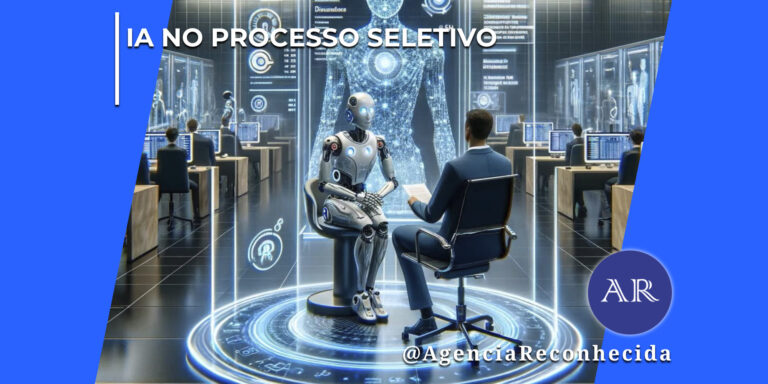 Ilustração digital de um homem de terno visto de costas, sentado em uma cadeira de escritório, realizando uma entrevista de emprego de frente para um robô humanoide branco e cinza. Ambos estão cercados por um círculo azul brilhante no chão de uma sala tecnológica com telas transparentes exibindo gráficos e silhuetas de dados. Ao fundo, outras pessoas trabalham em computadores. No topo esquerdo, destaca-se o texto "IA no Processo Seletivo" e, no canto inferior direito, o logotipo redondo azul com as letras "AR" e o texto @AgenciaReconhecida.
